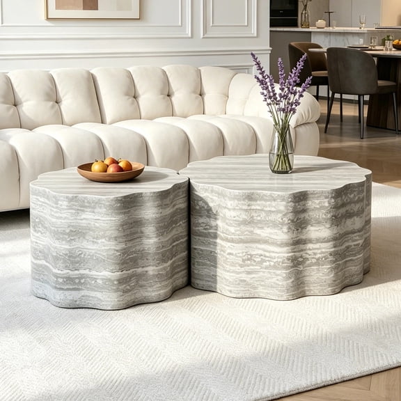 Shaiaield Round Coffee Table Set of 2 with Faux Mars Pattern,Minimalist Modern Coffee Table,Wood Nesting Coffee Tables set of 2 for Living Room(Beige+Gray)