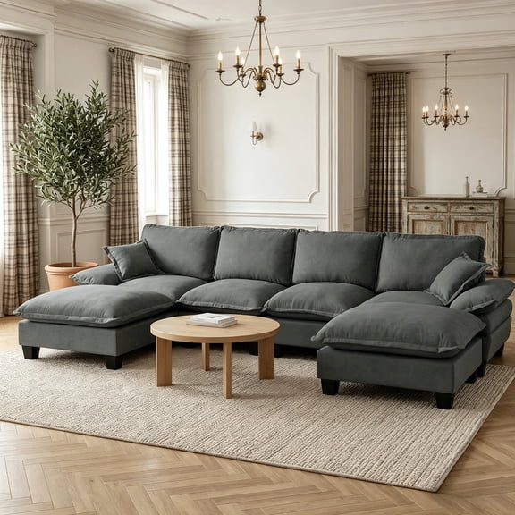 Shaiailed 131" Gray Oversized Modular Sectional Sofa with 2 ottomans,U Shaped Sectional Couch with 2 Throw Pillows,Upholstered Chenille Couch for Apartment & Living Room