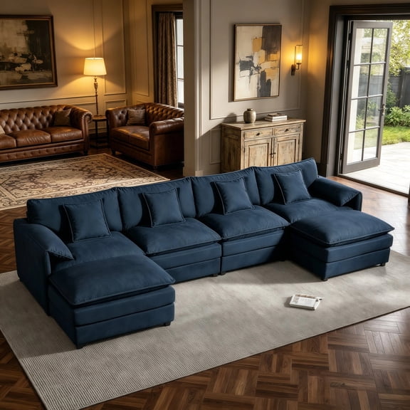 Shaiailed 143" Blue Large Modular Sectional Sofa with 2 Movable Ottomans and Side Pockets,Family Couch with 4 Throw Pillows,Couch Oversized Deep Seated for Living Room