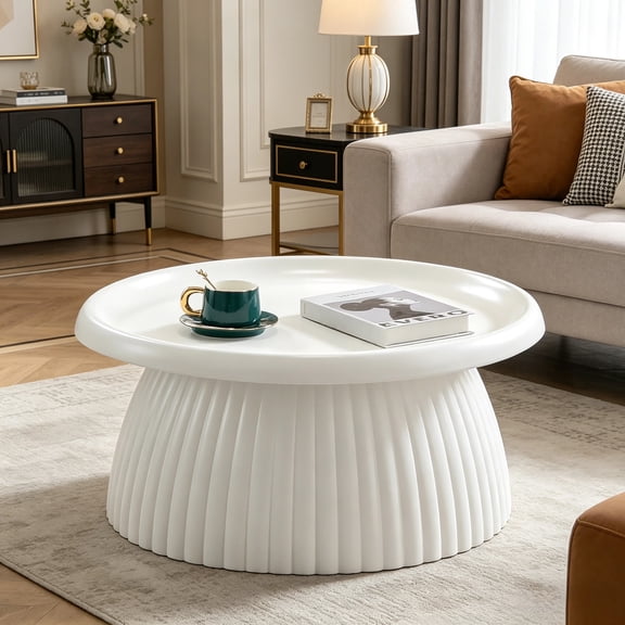 Shaiailed 27" White Round Coffee Table,Low Round Coffee Table with Fluted Pedestal,Modern End Tables,Small Circle End Table for Living Room