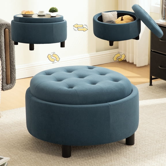 Shaiailed 29.33" Large Round Storage Ottoman with Reversible Tray Top,Round Tufted Storage Ottoman Coffee Table,Blue Round Ottoman,Plush Footstool Ottoman for Living Room