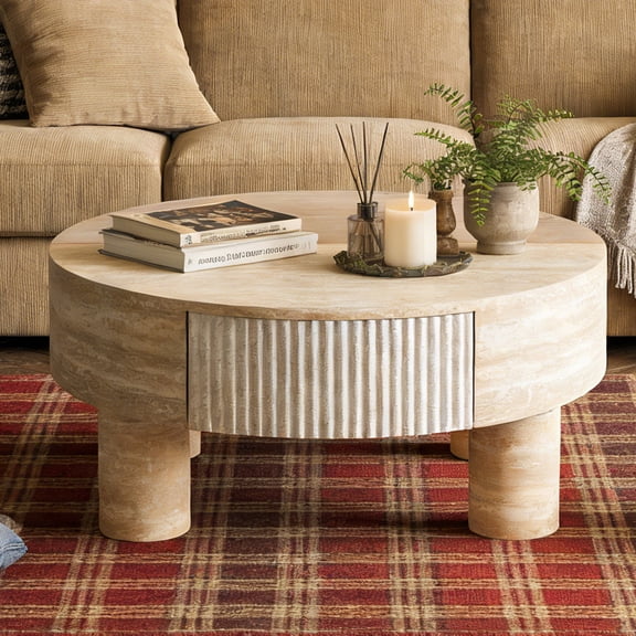 Shaiailed 31.5" Faux Travertine Round Coffee Table with Drawer,Low Circle Coffee Table Lift Top Design with Flip Top & Hidden Storage Compartment,Rustic Coffee Table for Living Room