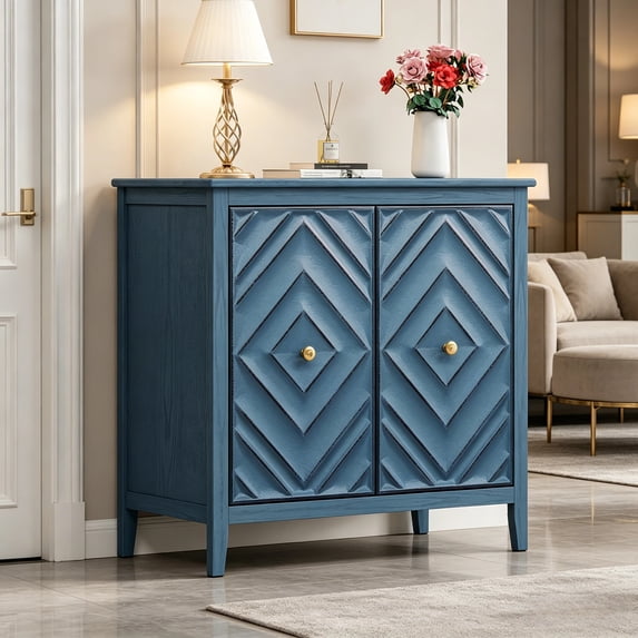 Shaiailed 31.5" Geometric Embossed Blue Sideboard Buffet Cabinet,2 Door Accent Cabinet with Adjustable Shelves,Matte Vintage Finish Small Sideboard Buffet Cabinet for Living Room