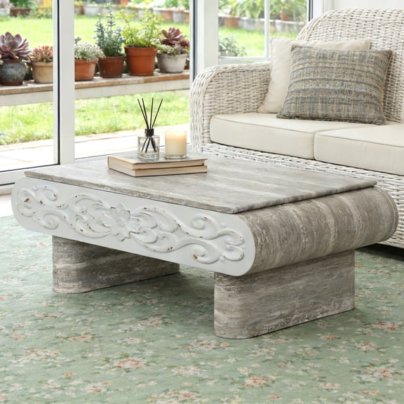 Shaiailed 39.4" Grey Lift Top Coffee Table with Hidden Storage,Faux Travertine Coffee Tables with Vintage Carved Decor,Rectangle Center Table,Modern Center Table for Living Room