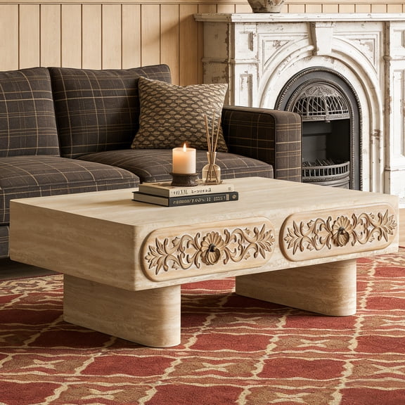Shaiailed 39.4" Vintage Rectangular Coffee Table with Storage Drawers,Faux Travertine Coffee Tables with Carved Floral Pattern,Simple Unique Coffee Table,Modern Center Table for Living Room, Office