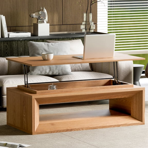 Shaiailed 43" Natural Wood Coffee Table,Modern Lift Top Coffee Table with Storage and Adjustable Height,Rectangular Coffee Table with Solid Wood Veneered,Multifunctional Coffee Table for Living Room