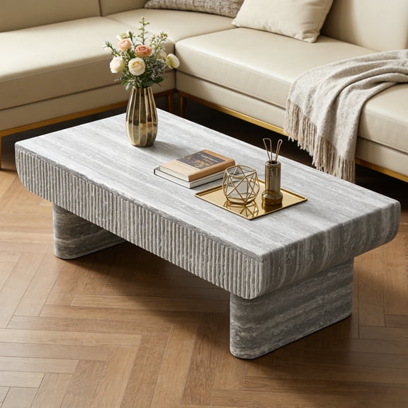 Shaiailed 46.85" Grey Faux Travertine Rectangle Coffee Table with Storage Fluted Drawers,Simple Unique Coffee Table,Rectangle Center Table,Modern Coffee Table for Living Room