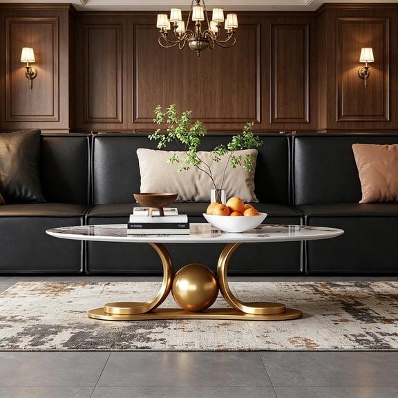 Shaiailed 51" Gold Pedestal Coffee Table,Faux Marble Coffee Table with Symmetrical S-shaped Golden Stainless Steel Base,Unique Oval Coffee Table for Living Room