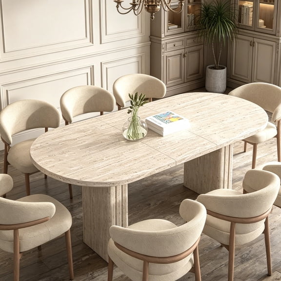 Shaiailed 63"-78.7" Beige Oval Extendable Dining Table with Travertine Finish,Minimalist Dining Table with Wooden Strip Base,Wood Kitchen Table Family Living Room