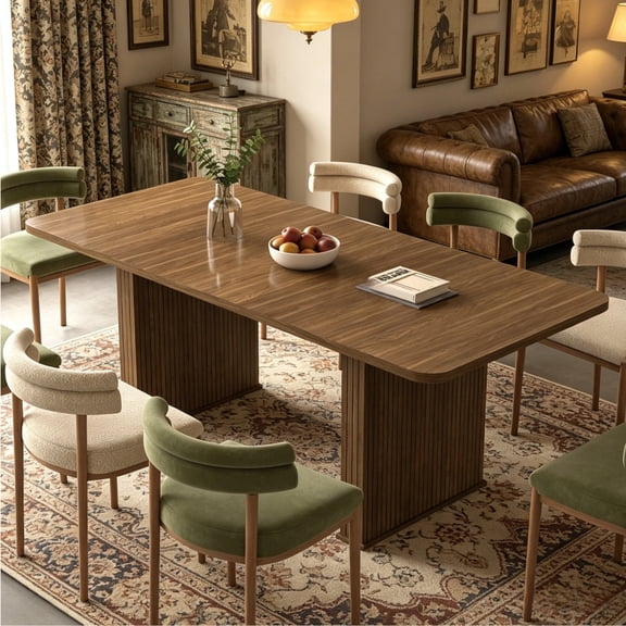 Shaiailed 63" Brown Extendable Dining Room Table,Rectangle Dining Table with Double Robust Pedestal,Modern Dining Tables for Dining Room