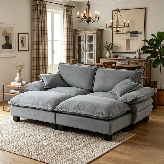 Shaiailed 76" Grey Sectional Sofa with 2 Ottomans,Small Cloud Sectional Couch with 2 Throw Pillows and Sturdy Legs,Two Seater Couch for Living Room