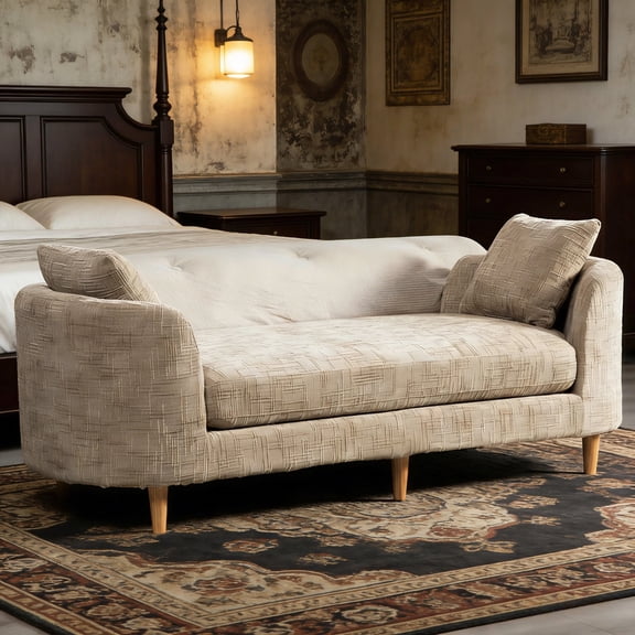 Shaiailed 77" Wheat King Size Bench for End of Bed with Curved Arms,Cushioned Bench for Bedroom,End of Bed Chaise Lounge,Chenille Daybed Chaise,Oversized Upholstered Bench for Living Room