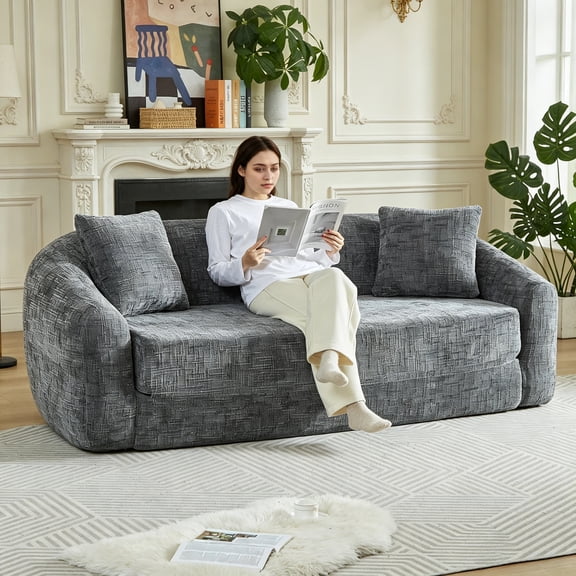 Shaiailed 87" Gray Convertible Sleeper Sofa Bed,Brushed Texture Boneless Sleeper Couch with Two Pillows,Apartment Size Couch,Modern Cloud Couch for Living Room,No Assembly Required