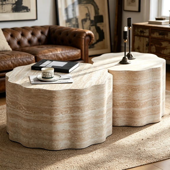 Shaiailed Beige Coffee Table Set of 2,Faux Mars Pattern Round Coffee Table Set of 2,Modern End Table for Apartment,Sofa End Table for Living Room,Office