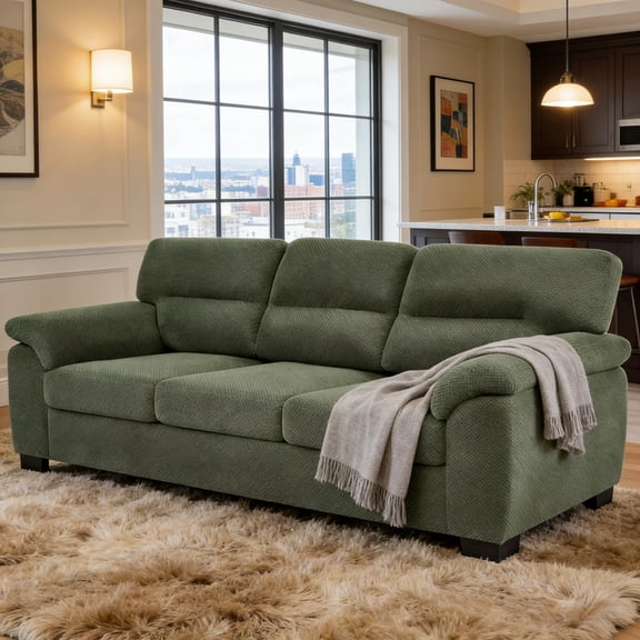 Shaiailed Dark Green Couch,Small Apartment Sofa with Textured Fabric,Sofa 3 Seater with Large Backrest and Wide Armrest,Upholstered Couch for Living Room