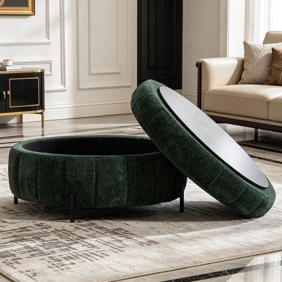 Shaiailed Green Round Ottoman with Storage,Upholstered Coffee Table Ottoman With Reversible Lid,Tufted Ottoman with Storage,Modern Foot Stool for Living room