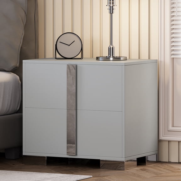 Shaiailed Grey Night Stand with Drawers,2 Drawer Nightstand with Metal Foot,Modern End Tables with Mirrored Metal Handles,Small Bedside Table for Bedroom and Living Room