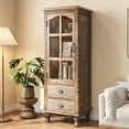 thumbnail image 1 of Shaiailed Natural Wood Storage Cabinet,Farmhouse Kitchen Pantry Cabinet with Decorative Glass Door & 2 Drawers,Narrow Sideboard Cabinets,Wooden Storage Cabinet for Living Room, Bedroom, 1 of 9