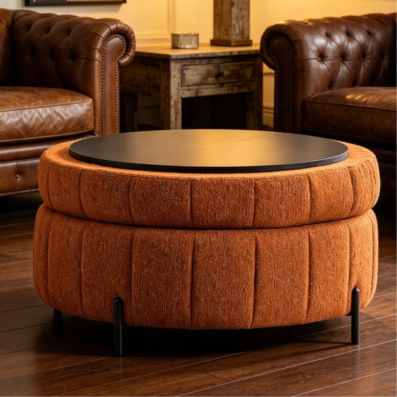 Shaiailed Orange Round Ottoman with Storage,Upholstered Storage Ottoman With Reversible Lid,Tufted Ottoman Coffee Table,Modern Ottoman for Living room