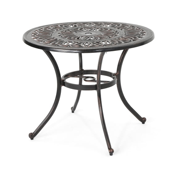 Shaili Outdoor Dining Table, Round 35 Inch Shiny Coppertone Cast Aluminum
