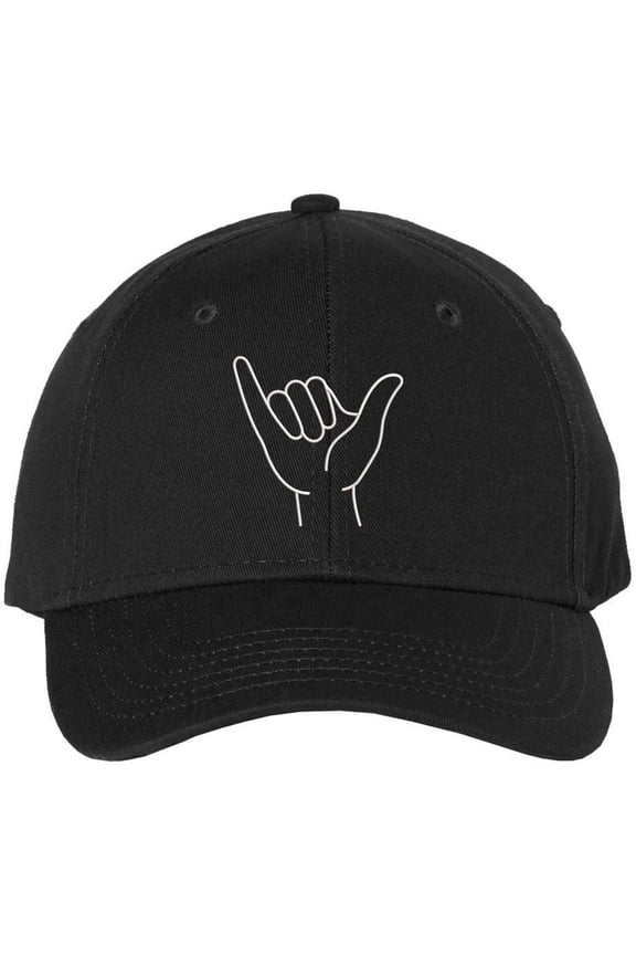 Shaka Hand Embroidered Baseball Cap | Hang Loose Minimal Line Art 100% Cotton Adjustable Unisex Dad Hat (Black)