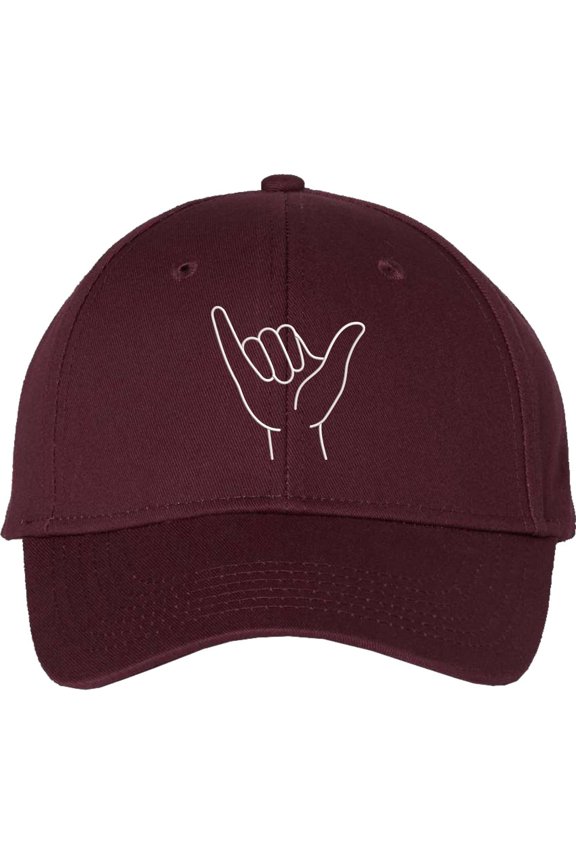 Shaka Hand Embroidered Baseball Cap | Hang Loose Minimal Line Art 100% Cotton Adjustable Unisex Dad Hat (Maroon)