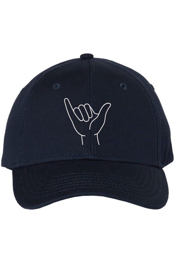 Shaka Hand Embroidered Baseball Cap | Hang Loose Minimal Line Art 100% Cotton Adjustable Unisex Dad Hat (NavyBlue)