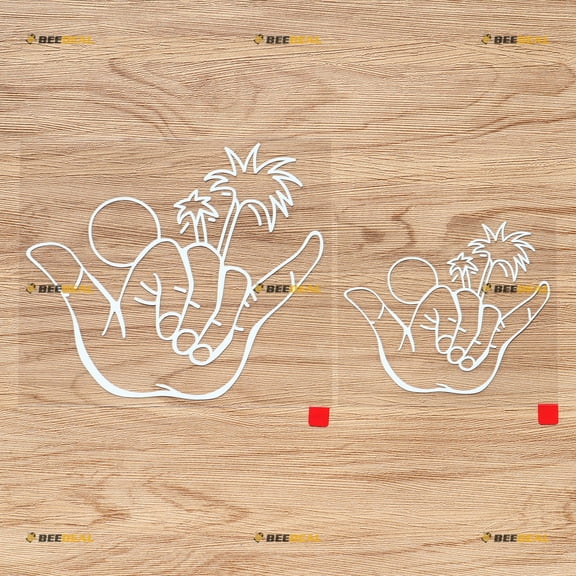 Shaka Sign Hang Loose Hawaii Sun Palm Tree Decal Vinyl Sticker - 2 Pack White, 4 Inches, 6 Inches - No Background for Car Boat Laptop