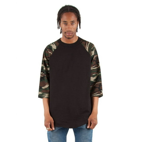 Shaka Wear Adult 6 oz 3/4-Sleeve Camo Raglan T-Shirt 2XL BLACK/ CAMO GRN