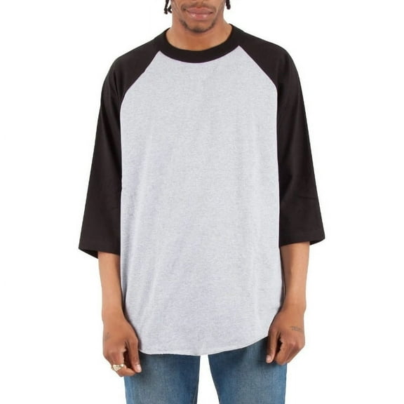 Shaka Wear Men's Classic 3/4 Sleeve Cotton Baseball Raglan T-Shirt - Heather Gray and Black - Medium