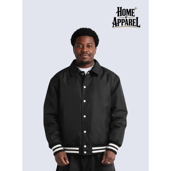 Shaka Wear Men's Collared Varsity Bomber Jacket, Black, Size Small - Heavyweight Structured Streetwear Outerwear