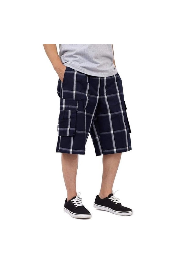 Men's Cargo Shorts, Relaxed Fit, Plaid, Elastic Waist - Navy - Medium