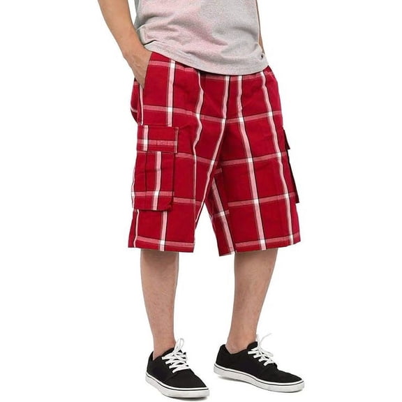Shaka Wear Men's Cargo Shorts, Relaxed Fit, Plaid, Elastic Waist - Red - Large