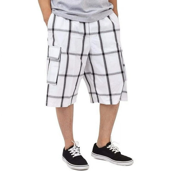 Shaka Wear Men's Cargo Shorts, Relaxed Fit, Plaid, Elastic Waist - White - XL