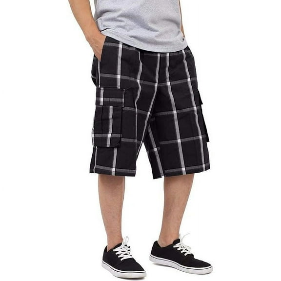 Shaka Wear Men's Cargo Shorts, Relaxed Fit, Plaid, Elastic Waist - Black - XXL