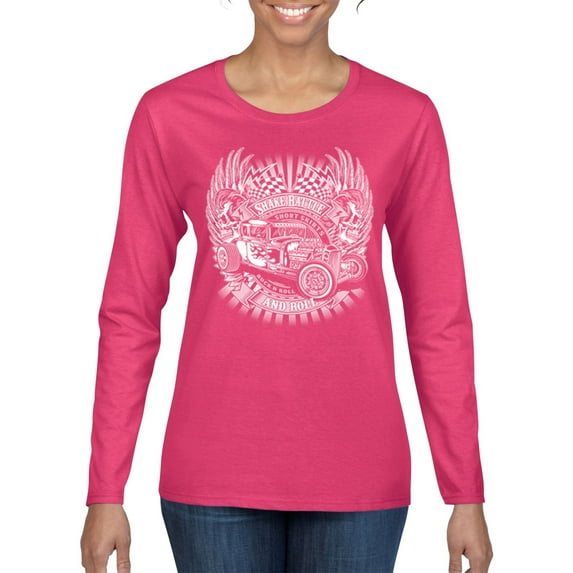 Shake Rattle And Roll Vintage Hot Rods Pop Culture Womens Graphic Long Sleeve T-Shirt, Fuschia, Small