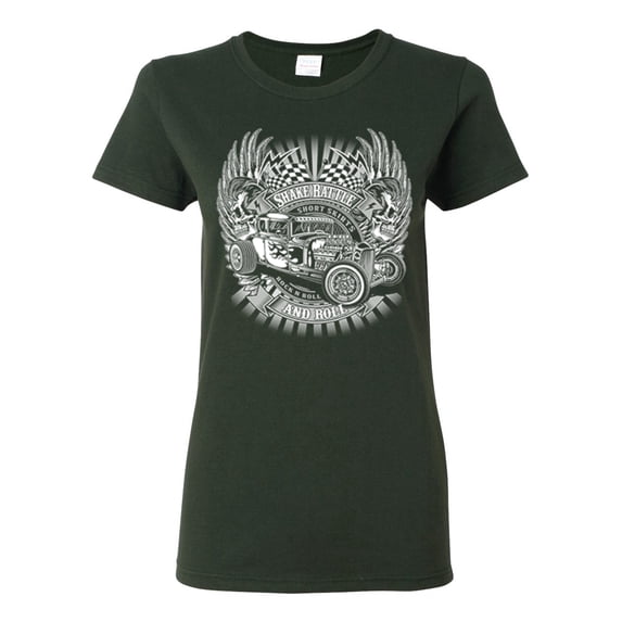 Shake Rattle And Roll Vintage Hot Rods Pop Culture Womens Graphic T-Shirt, Forest Green, X-Large