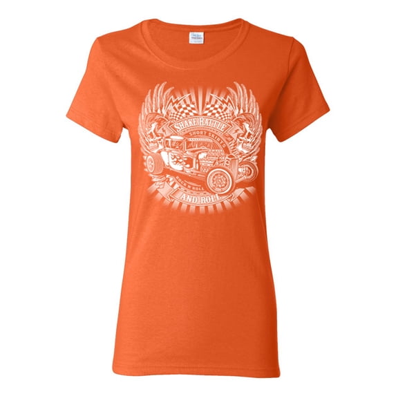 Shake Rattle And Roll Vintage Hot Rods Pop Culture Womens Graphic T-Shirt, Orange, Large