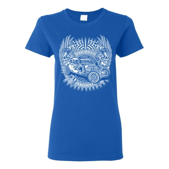 Shake Rattle And Roll Vintage Hot Rods Pop Culture Womens Graphic T-Shirt, Royal, X-Large