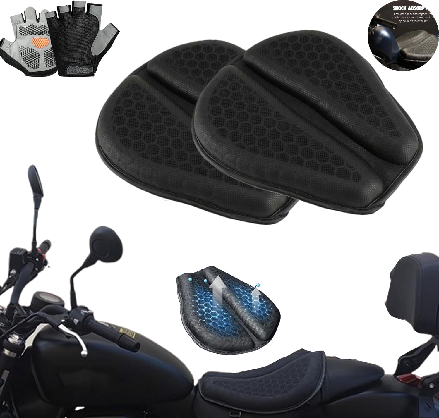 Hex Rider Motorcycle Gel Seat Cushion – 3D Honeycomb, Shock