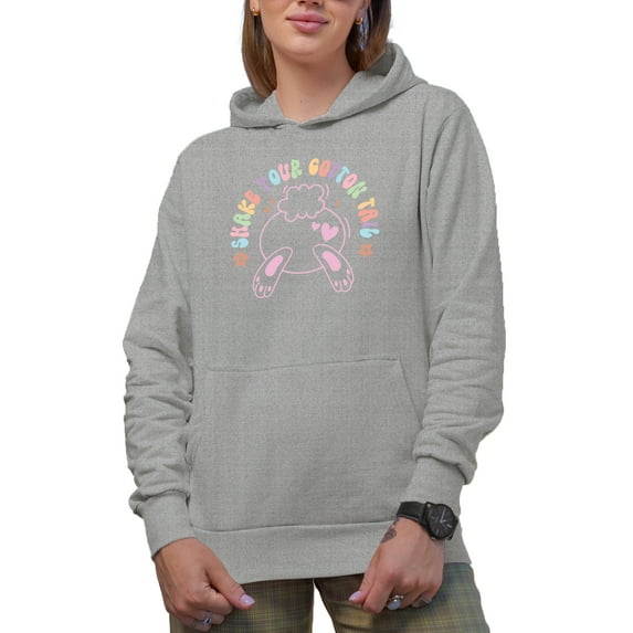 Shake Your Cotton Tail with a Bunny, Easter Art Favor, Souvenir or Merch Gift, Heather Grey Hooded Sweatshirt or Hoodie, XL