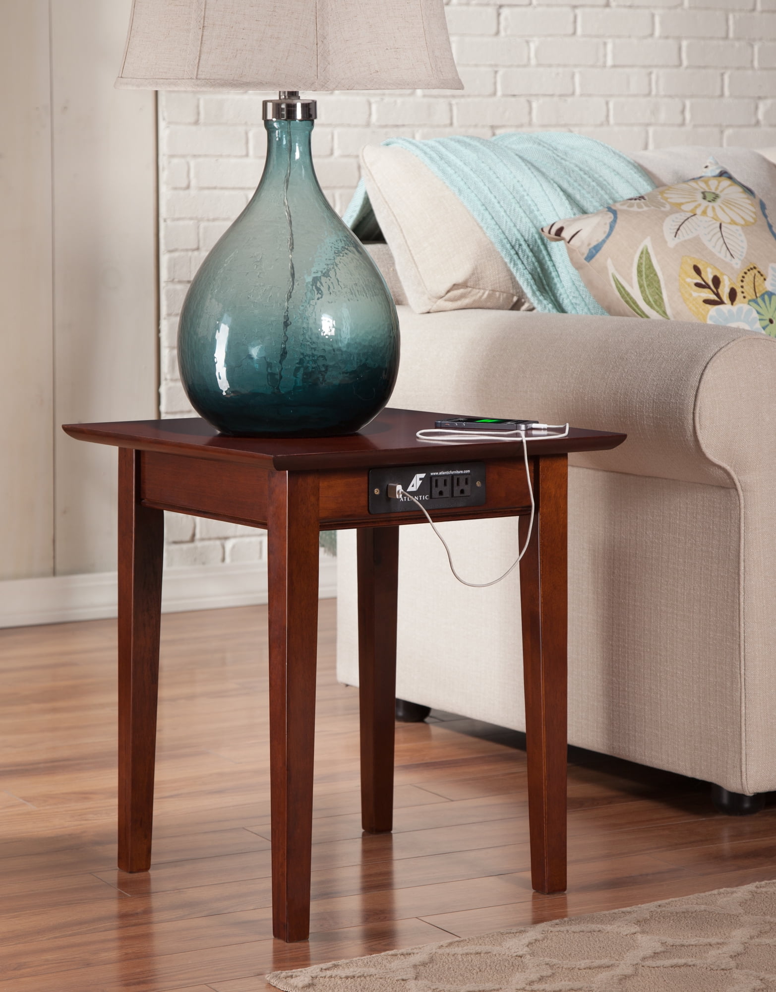 Classic Shaker 24" Square Walnut Wood End Table with Charging Station