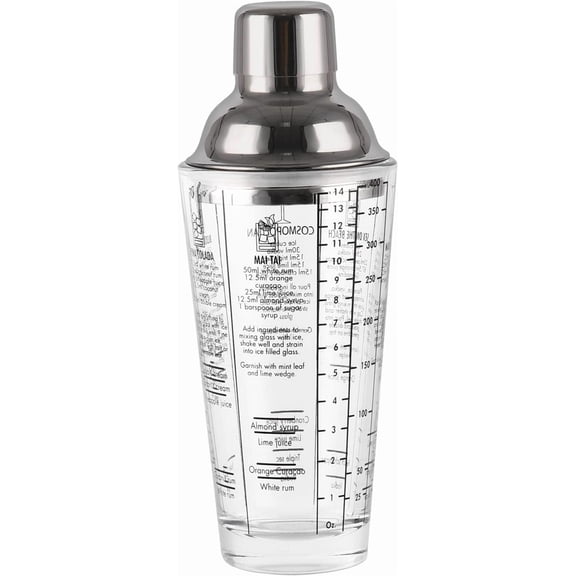 Shaker Glass,Martini Shaker With Recipes Side 13.5oz Drink Shaker with Glass Cup Professional Bar Tool with Scale Glass (Recipes)