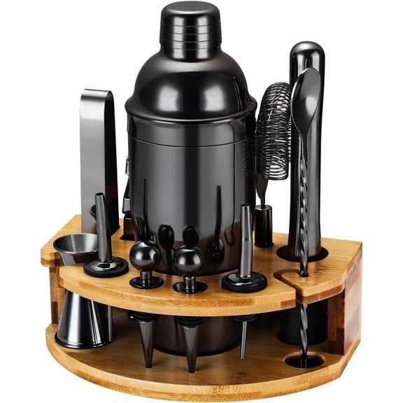 Shaker Set Bartender Kit with Stand, 12 count Bar Set Drink Mixer Set with Stainless Steel Bar Accessories Tools: 25oz Martini Shaker Jigger Strainer Spoon Muddler for (Black)