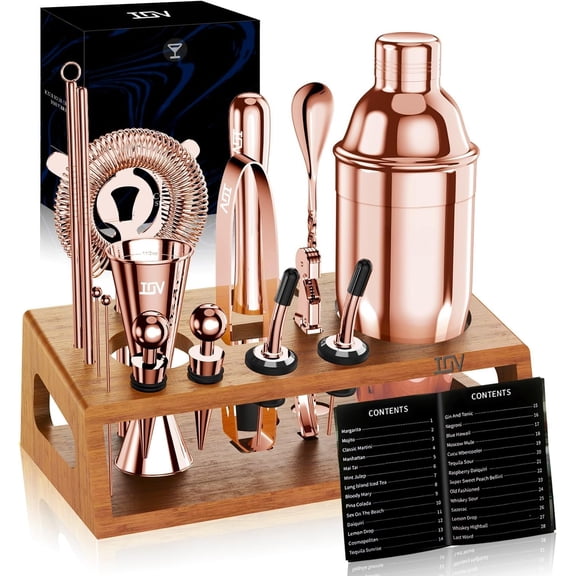 Shaker Set Bartender Kit with Stand | Bar Set Drink Mixer Set Includes Martini Shaker, Jigger, Strainer, Mixing Spoon, Muddler, Recipe Book | Bar Accessories Set (Rose )