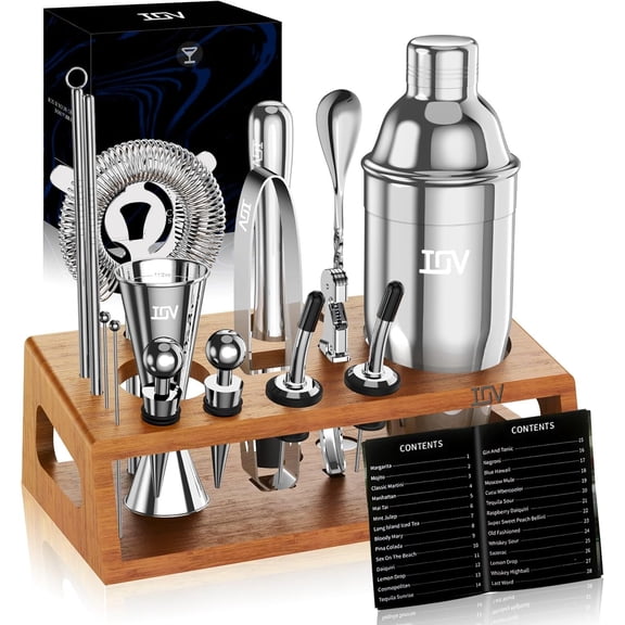 Shaker Set Bartender Kit with Stand | Bar Set Drink Mixer Set Includes Martini Shaker, Jigger, Strainer, Mixing Spoon, Muddler, Recipe Book | Bar Accessories Set ()