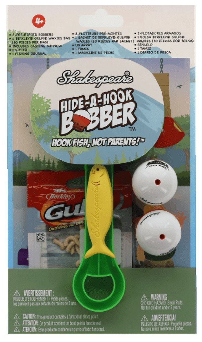 Shakespeare Adventure Hide-A-Hook Bobber Kids Fishing Kit, Includes 2 Hide-A-Hook Bobbers, 1 Berkley Waxies Soft Bait Bag, 1 Casting Minnow, and A Fishing Journal