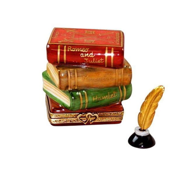 Shakespeare Stack of Books Inkwell Brass Feather Limoges Box Limoges Box Porcelain Figurine