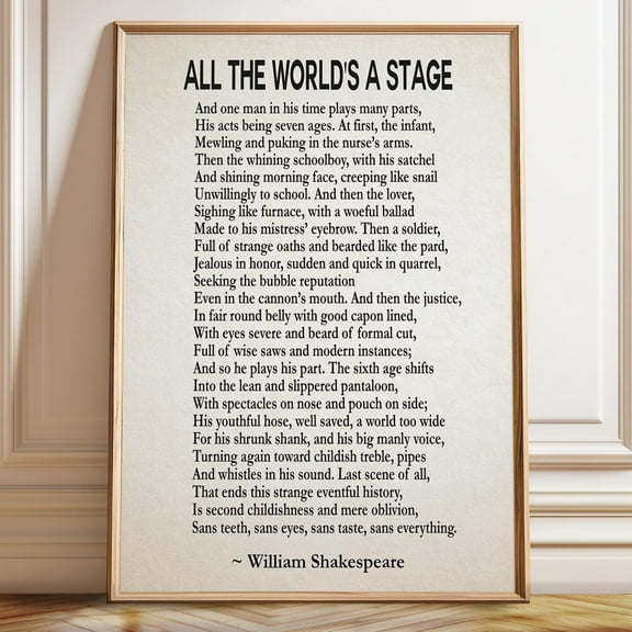 Shakespeare Quote Print: All The World'S A Stage - As You Like It UNFRAMED PAPER POSTER, Home Decor, Vintage Gift, Living Room Dercor