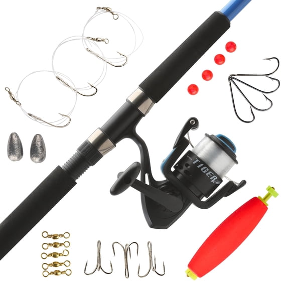 Shakespeare Tiger Catfish Spinning Reel and Fishing Rod Combo with Tackle Pack, 9' 2-Piece Fishing Rod, Tubular Fiberglass Rod Blank Construction, Comfortable and Durable EVA Handle